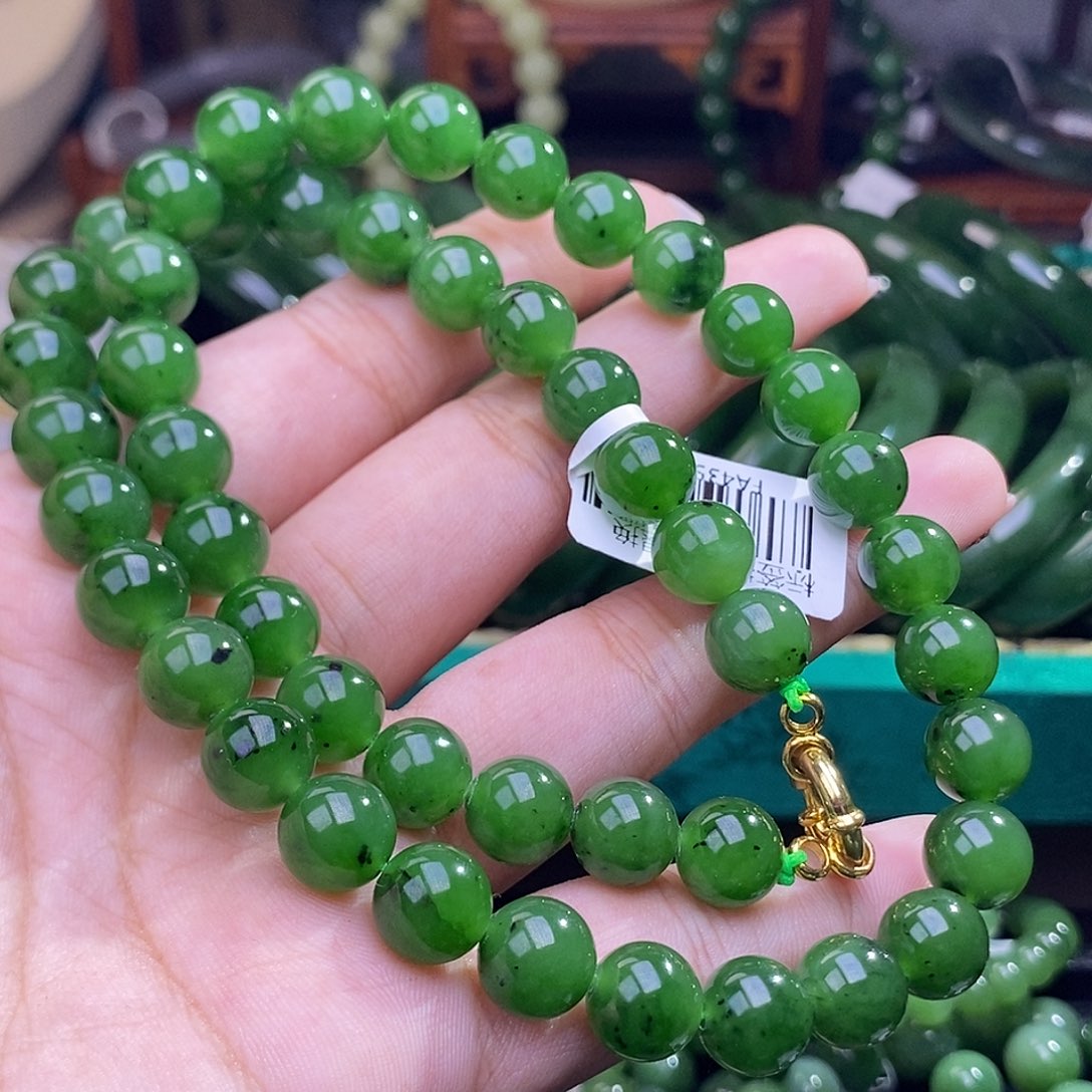 和田玉碧玉老料菠菜绿妈妈链9m未镶嵌