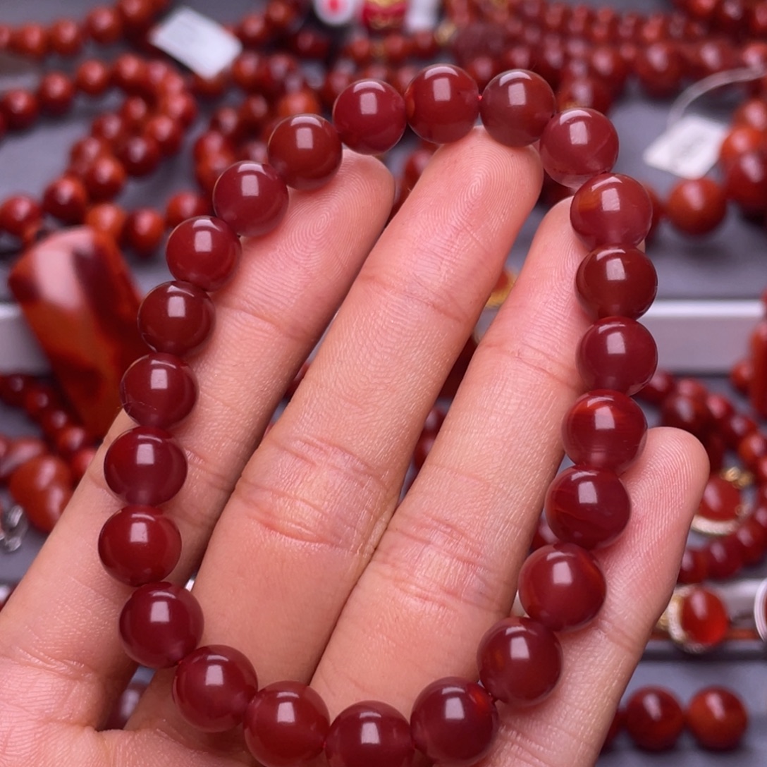 南红玛瑙未镶嵌其他天然精品）8.8mm瓦西玫瑰红圆珠顺色手串