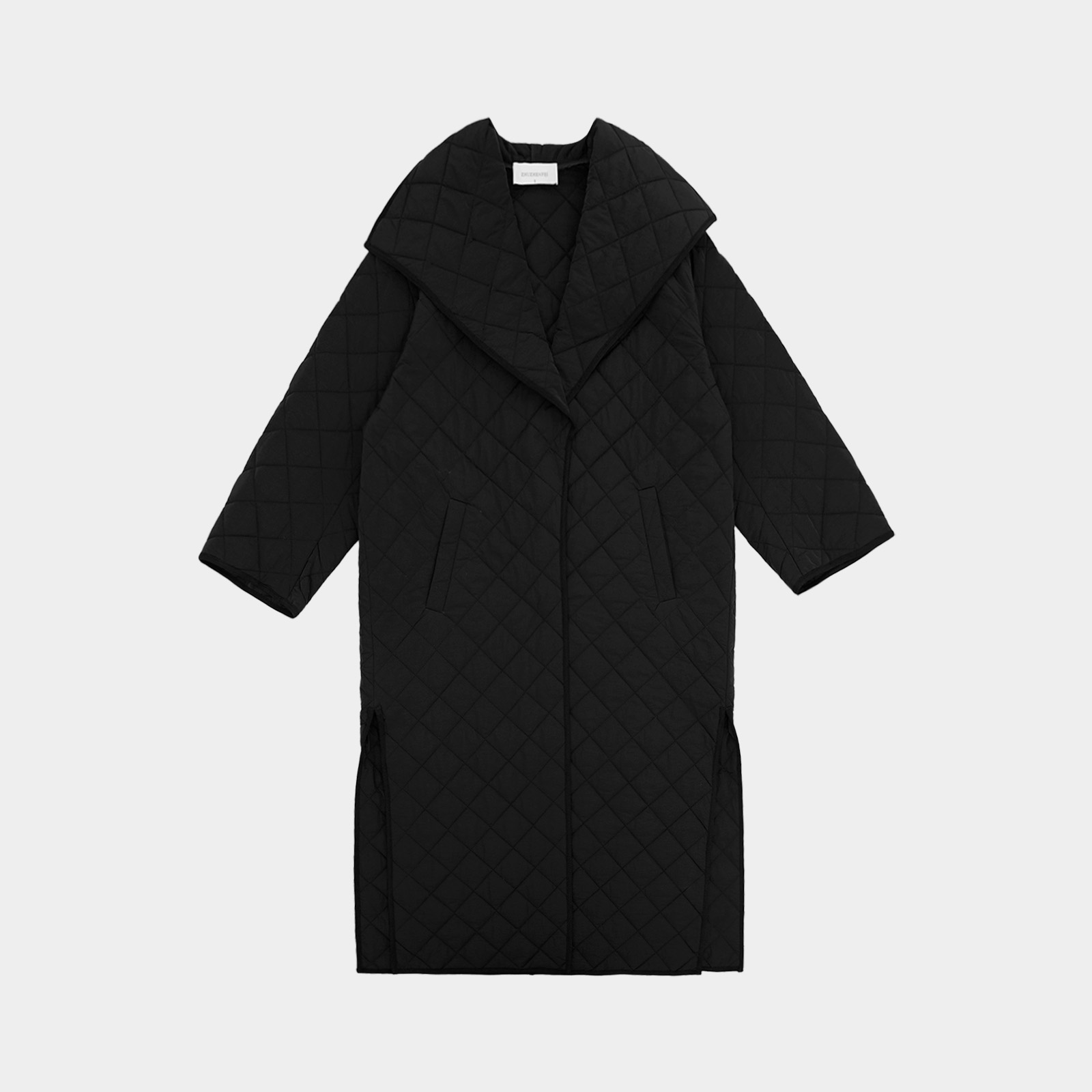 ZHUZHENFEI女士翻领连帽立领长袖薄款格纹黑色棉服-Z354050