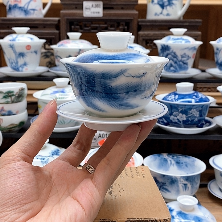 手绘孔雀翎盖碗120cc釉下彩微瑕福利款