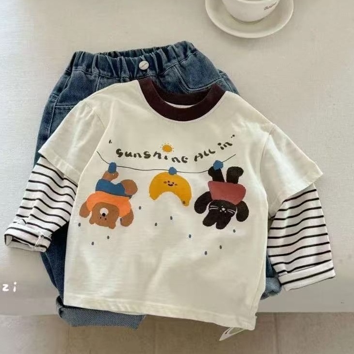 儿童男童服装长袖童装t恤宝宝春秋休闲卡通条纹拼袖假两件上衣
