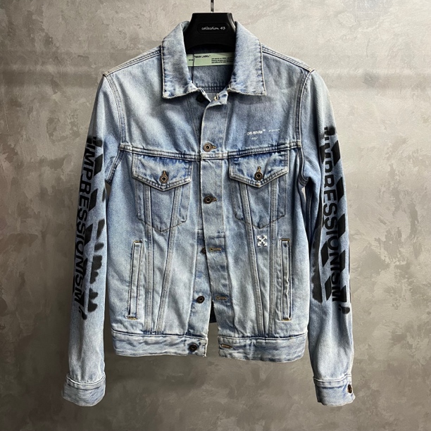 99新 OFF-WHITE 蓝色字母logo图案印花棉质水洗牛仔外套/s码