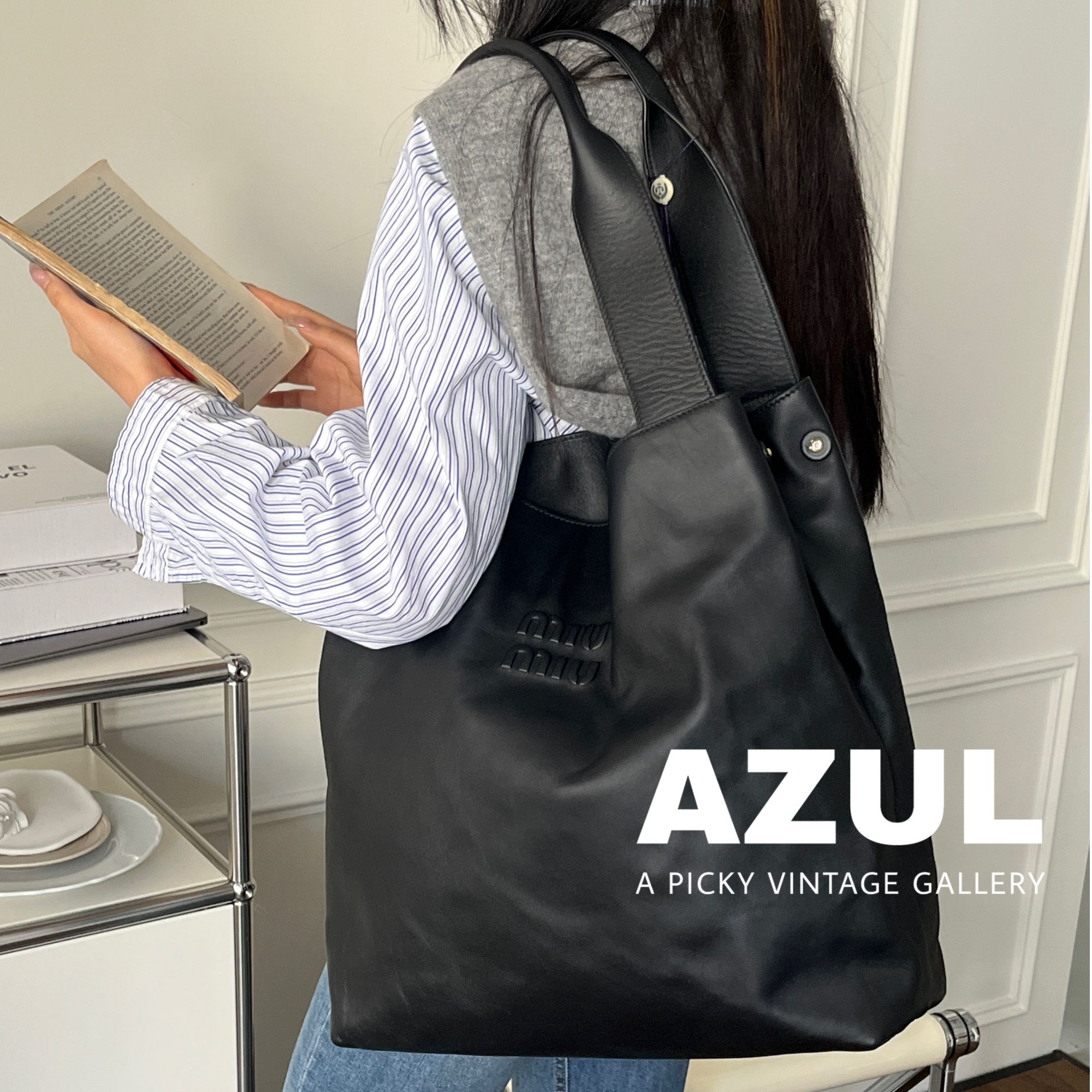 95新 MIU MIU/缪缪 Azul-黑色牛皮so black托特包/49704