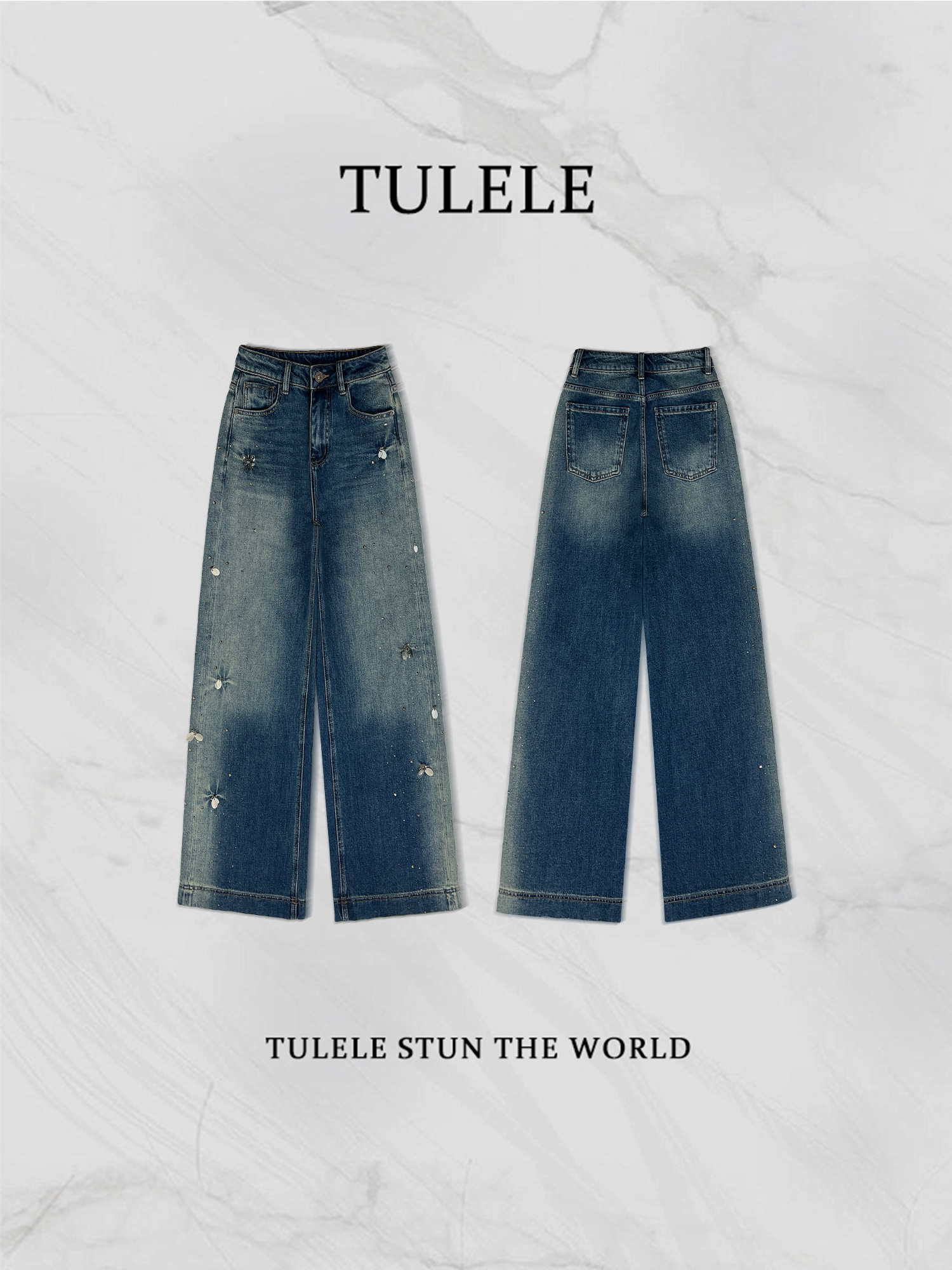 TULELE【霓虹星河】琥珀流光风烫钻钉珠宽松重工牛仔裤阔腿裤9199