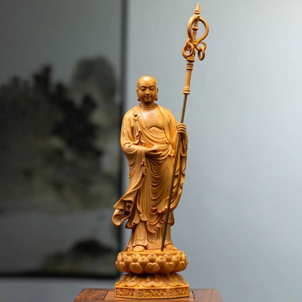 小叶黄杨木雕地藏王菩萨摆件实木雕刻九华山地藏王佛像装饰工艺品