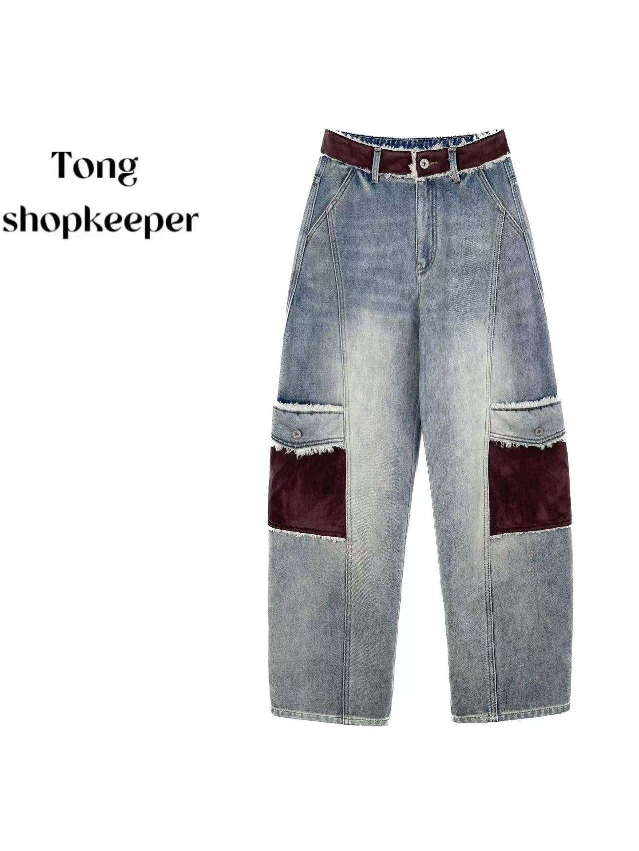 QJ/彤掌柜1683171 秋冬26加绒贴布设计砂洗美式酷帅显瘦牛仔裤