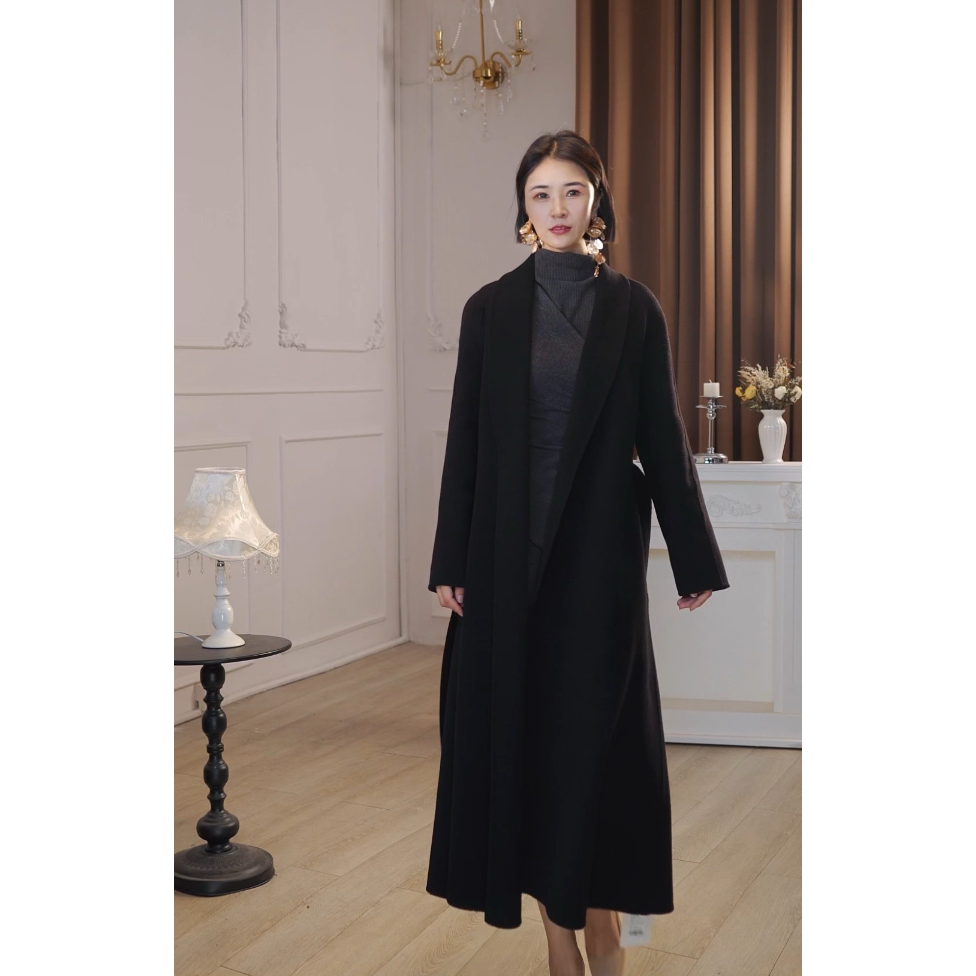 【苁允】简约大方纯色百搭过膝长款长袖系带大衣-YL11121