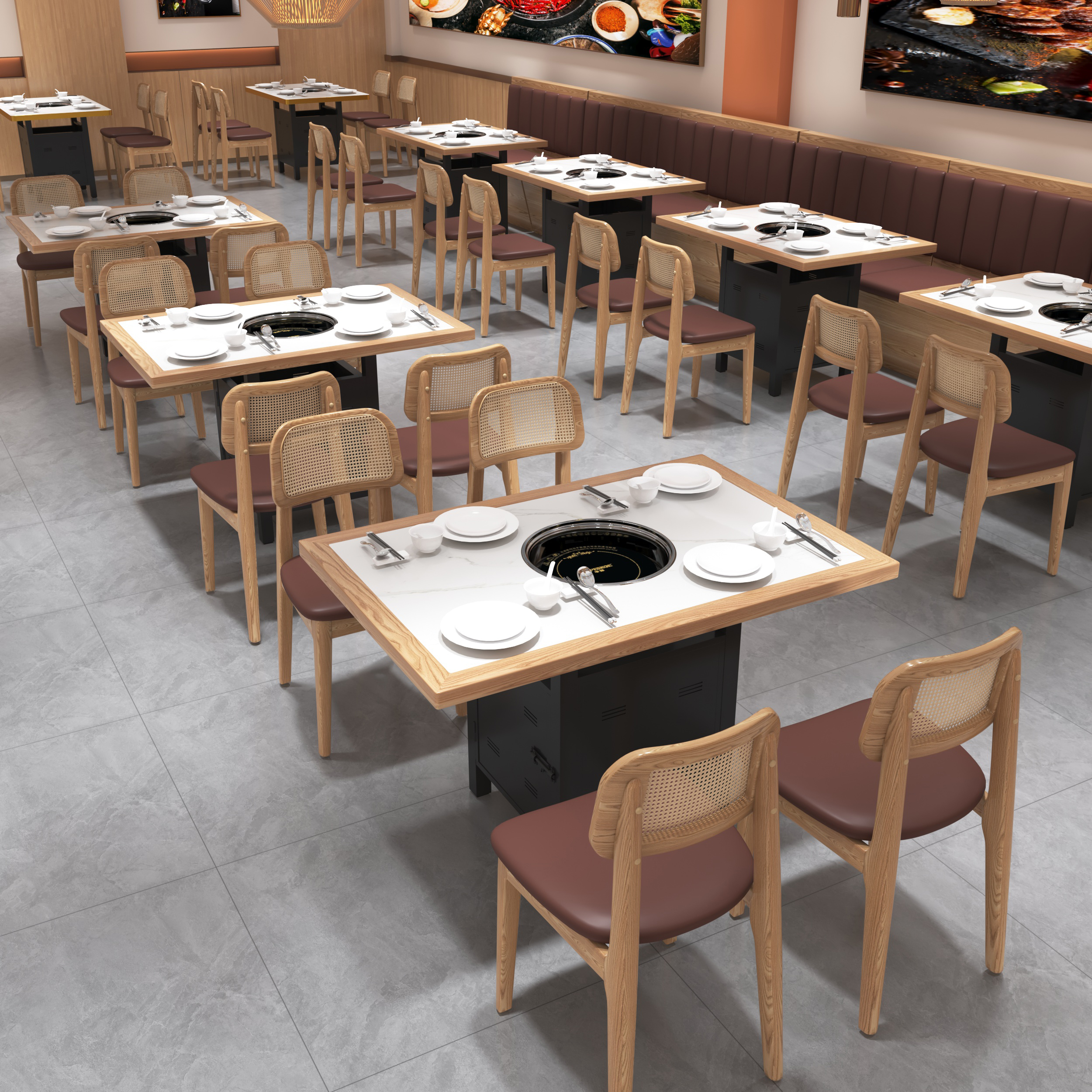 实木岩板大理石火锅桌与烤肉桌一体适合卡座商用餐饮中餐桌可定制