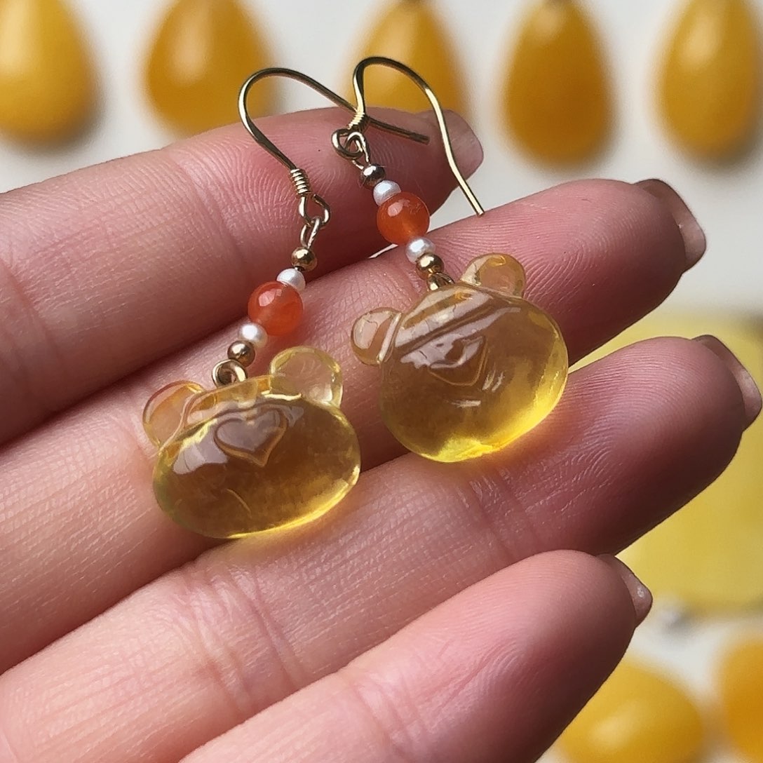 琥珀耳饰未镶嵌小熊耳环