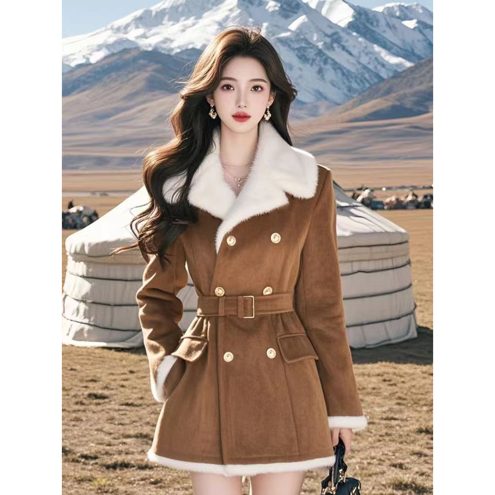 2071# 棕色鹿皮绒加绒加厚中长款外套