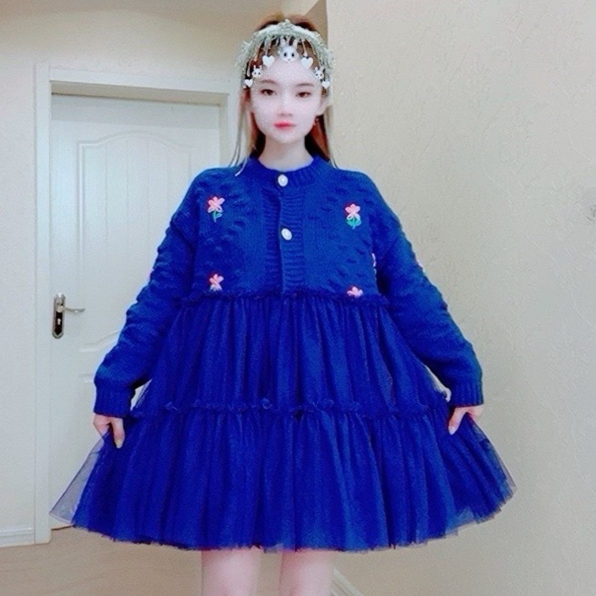 【面条家】5383#高品质纱纱拼接立体小花毛衣连衣裙