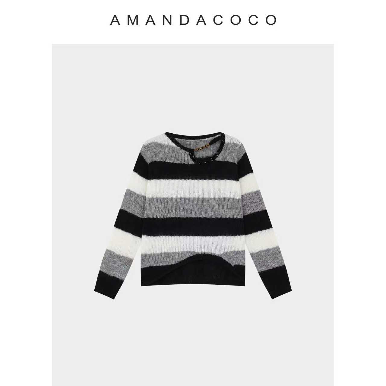 AMANDACOCO茜茜丨针织乐章～法式串珠撞色条纹减龄气质长袖毛衣