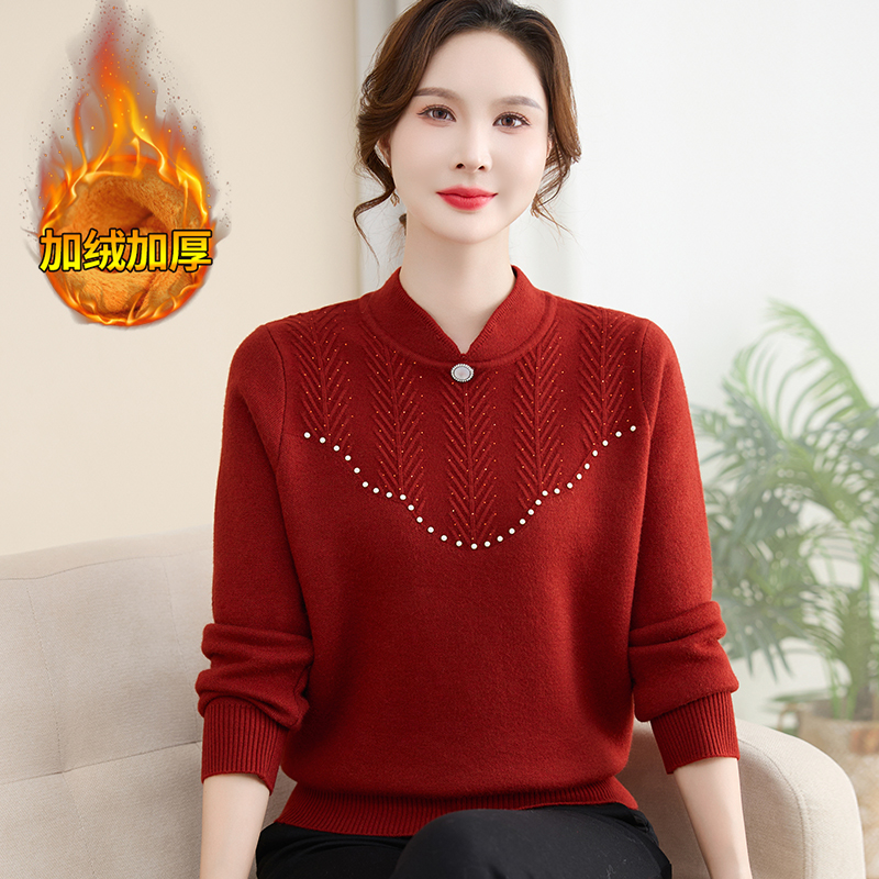 喜婆婆婚宴针织衫妈妈冬装加绒加厚上衣中老年女装本命年红色毛衣