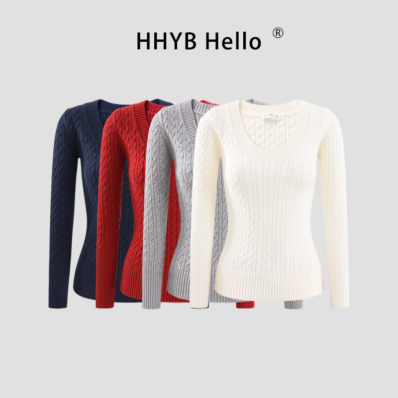 HHYB Hello高级感麻花U领针织衫女秋冬2025新款修身上衣M1704