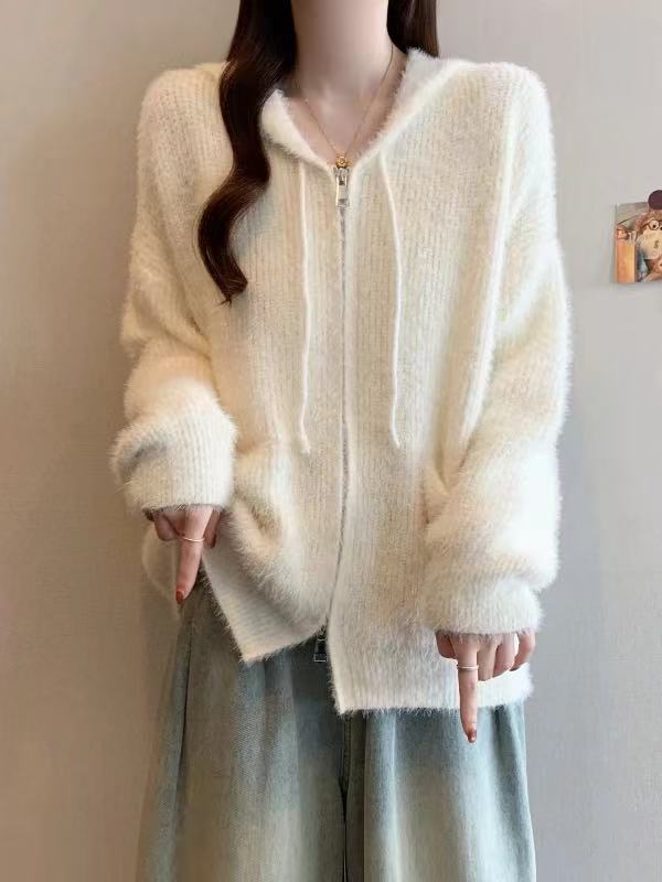 【8989】尚#双拉链时尚连帽毛毛上衣