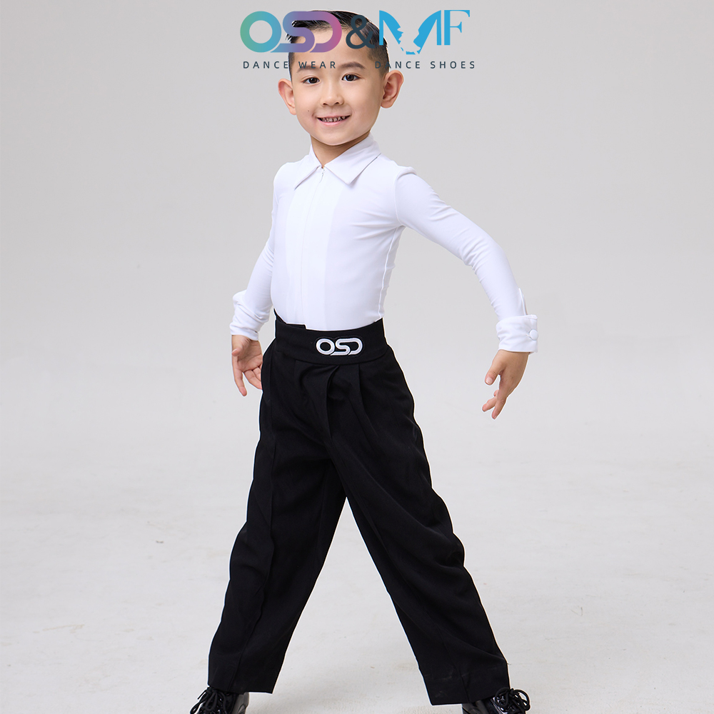 OSD&MF拉丁舞蹈标准比赛服套装男童长袖白色上衣黑长裤两件规定服