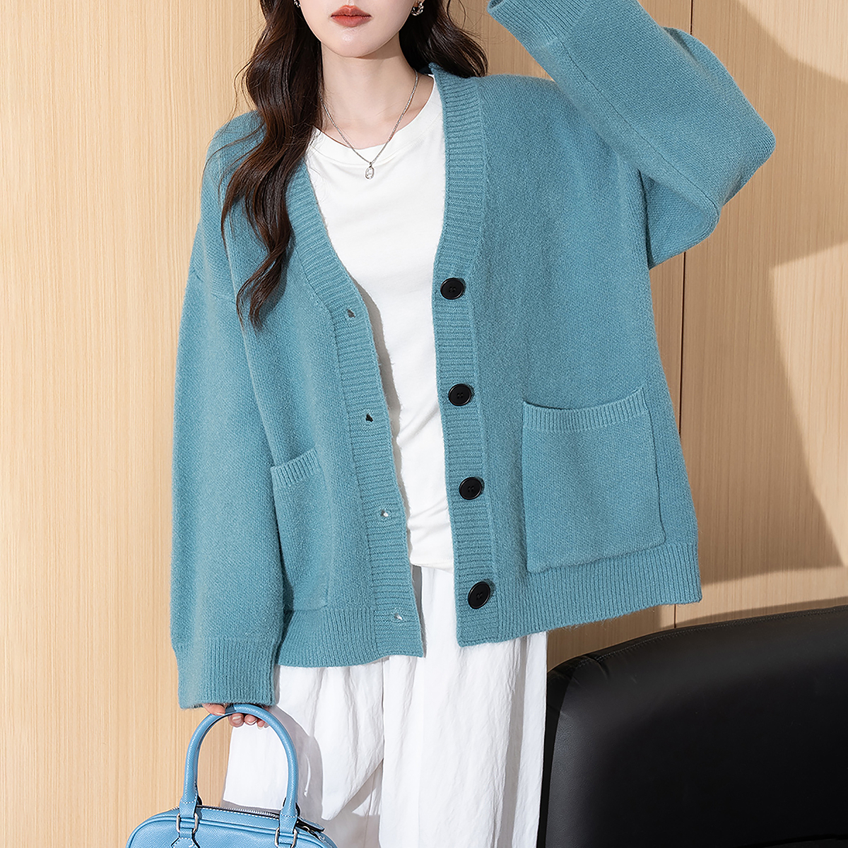 TONLION唐狮25秋冬女毛衣慵懒风简约v领开衫外套设计感时尚显白