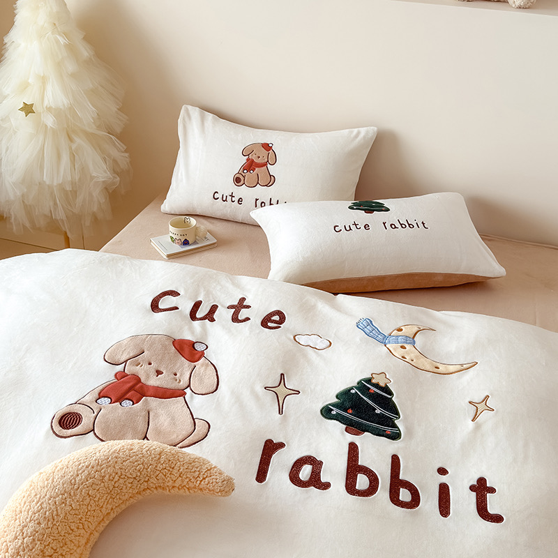 卡通牛奶绒贴布绣四件套加绒加厚双面绒冬季保暖被套床单床上用品