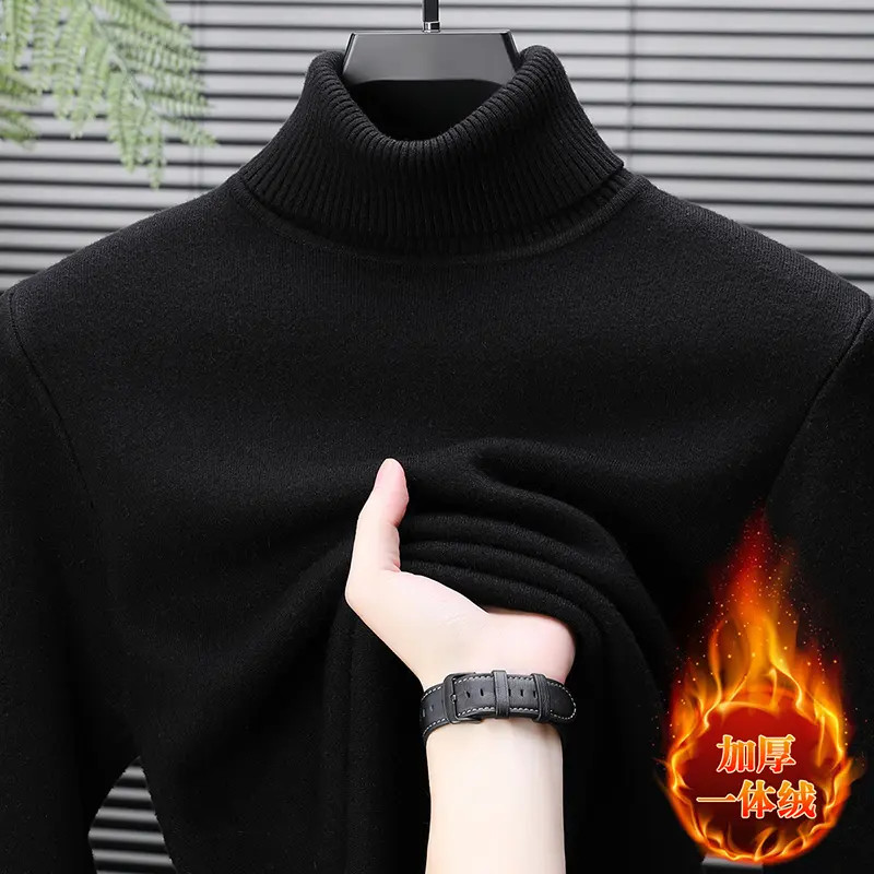 鄂尔多斯市秋冬季加厚100%羊毛衫男款加绒保暖高领打底衫男士毛衣