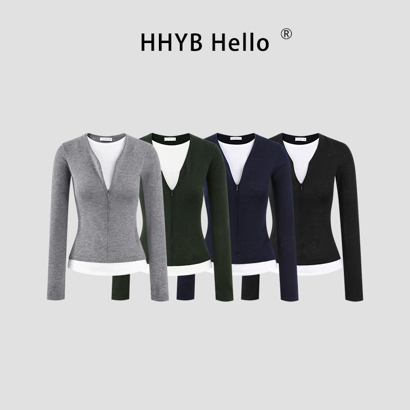 HHYB Hello拉链V领撞色假两件长袖T恤秋冬修身打底针织上衣M1503