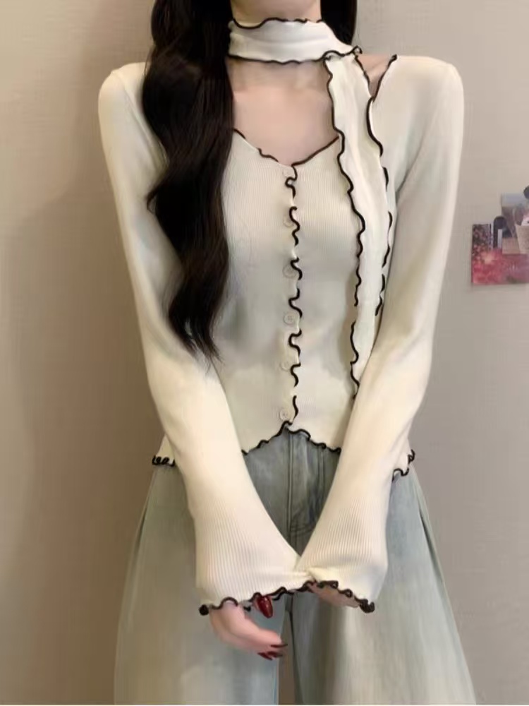 秋冬新款韩系设计感撞色复古木耳边修身显瘦百搭针织衫