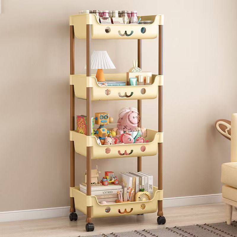 4层奶咖色置物架收纳储物架移动推车卧室客厅带轮子可移动零食架A