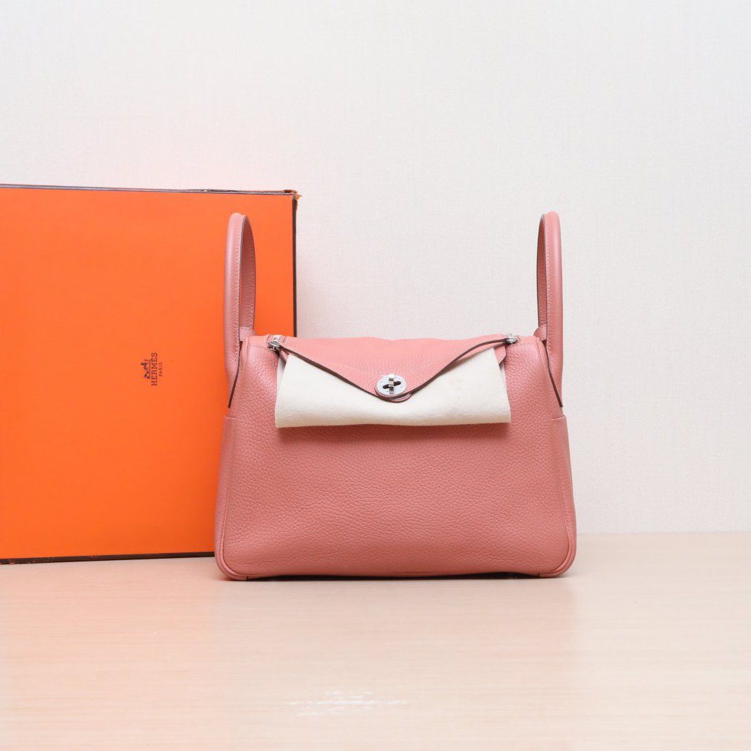 99新 Hermes/爱马仕 小花黑黑Lindy 30 玫瑰茶色 TC皮 框Q 包