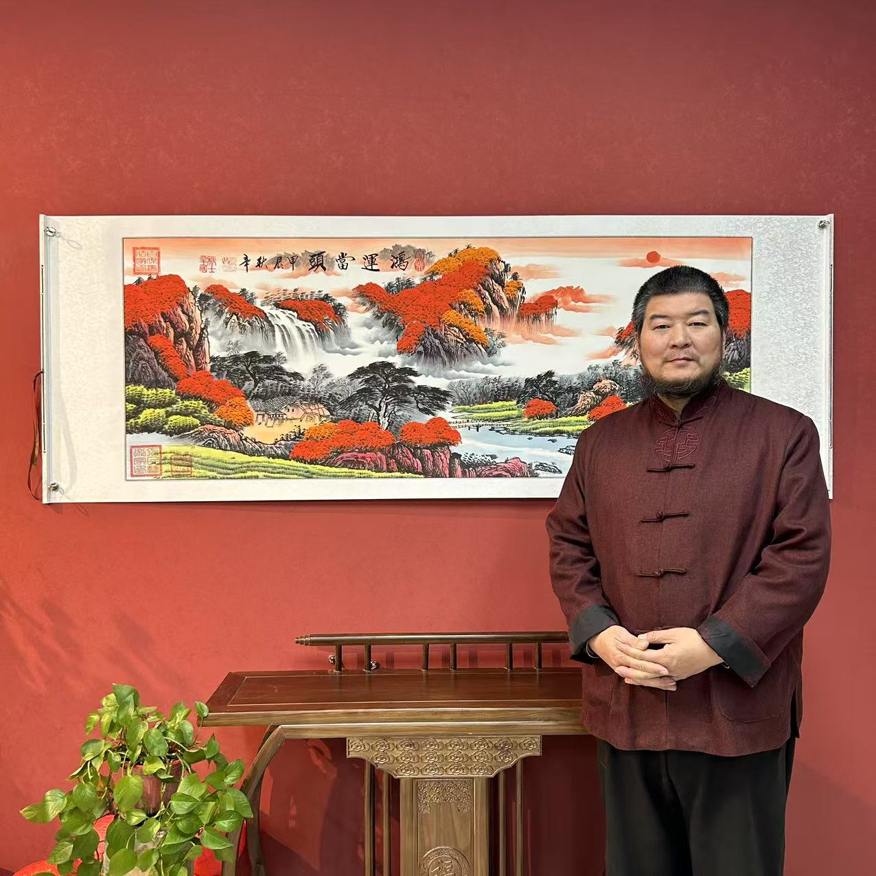 吴秋辛《鸿运当头》国画作品8枚章加指纹锦绫白底高72宽206软装裱1C