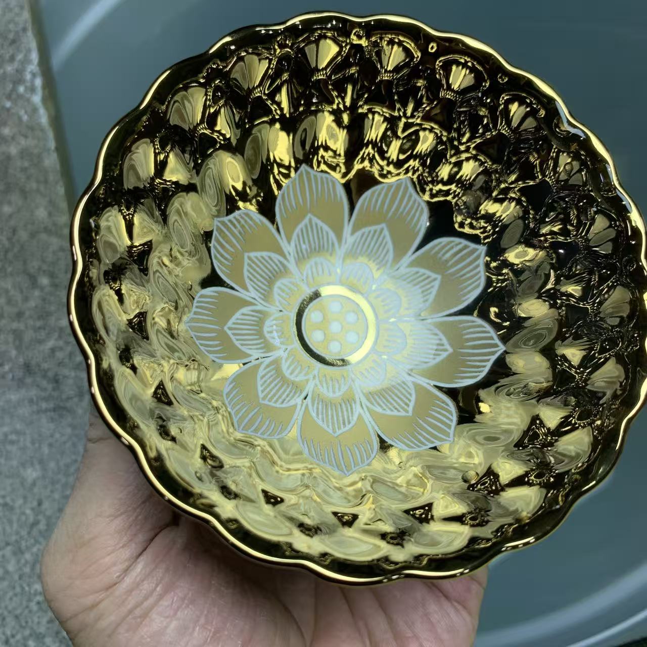 高端茶器家用主人杯金色夜光牡丹花杯