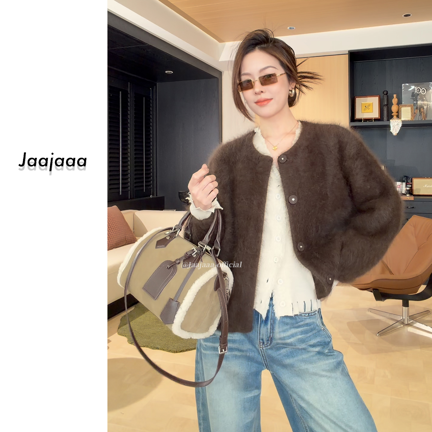 Jaajaaa润冬暖屋  设计纯色简约百搭气质慵懒风针织开衫外套/AEFI