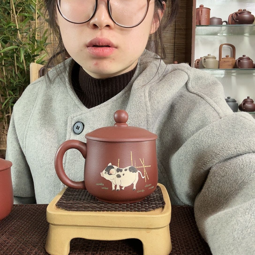 紫砂茶杯猪猪共生矿紫泥小龙蛋办公杯300CC