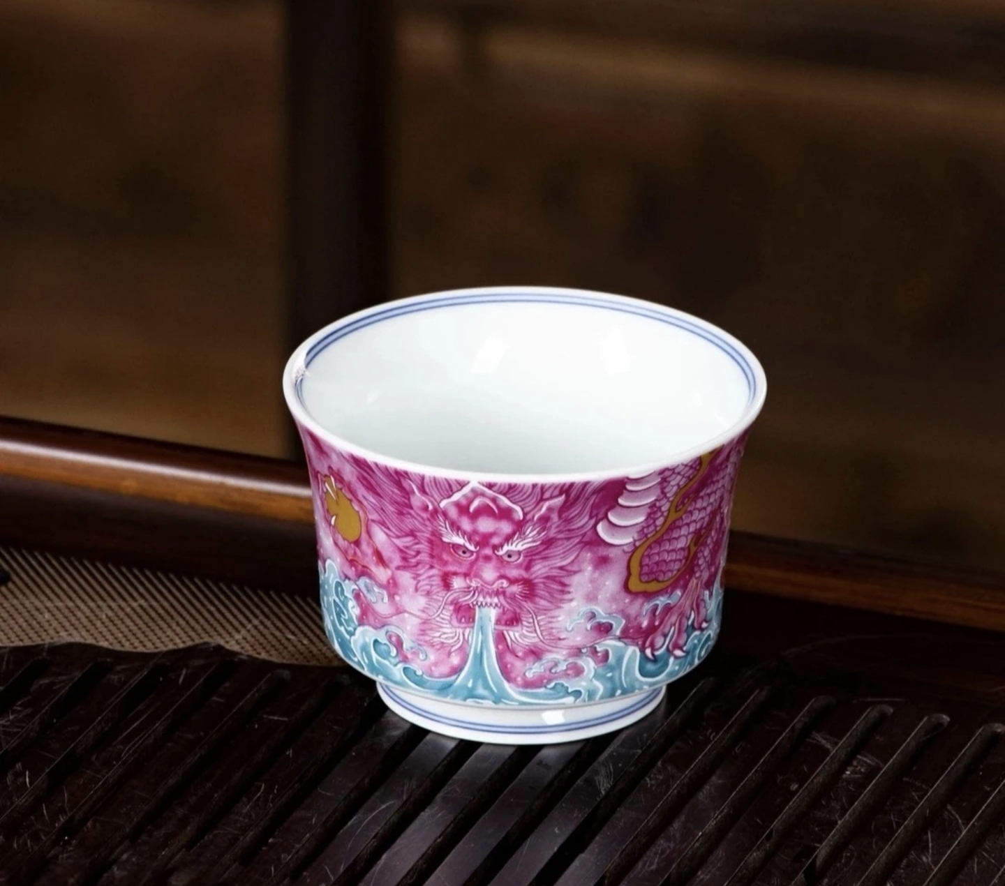 景德镇粉彩宝石红溪云龙吸水茶盘复古家用客杯品茗杯