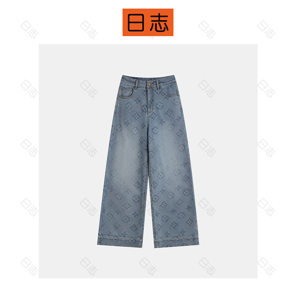 PIPO高腰老花直筒牛仔裤女设计阔腿休闲百搭春夏季长裤DD52H105