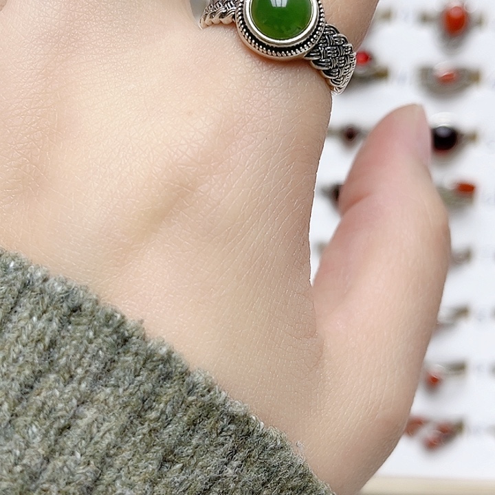 和田玉戒指银S925镶嵌天然