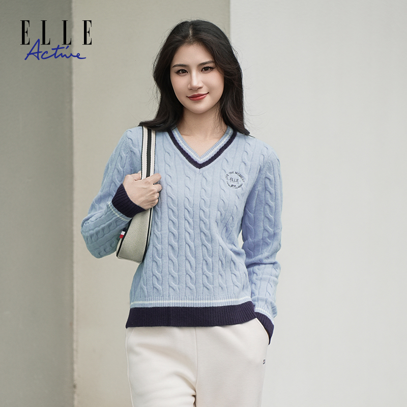 ELLE Active【含绵羊毛】绞花V领毛衣女时尚撞色套头长袖上衣老钱风
