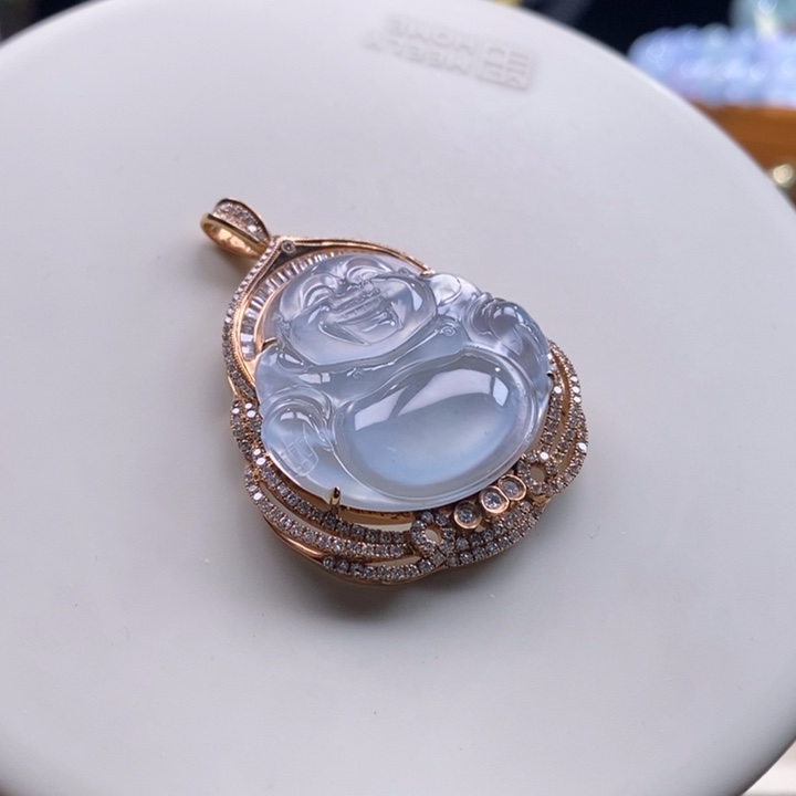 翡翠吊坠(不含链)18K金镶嵌翡翠高冰佛吊坠