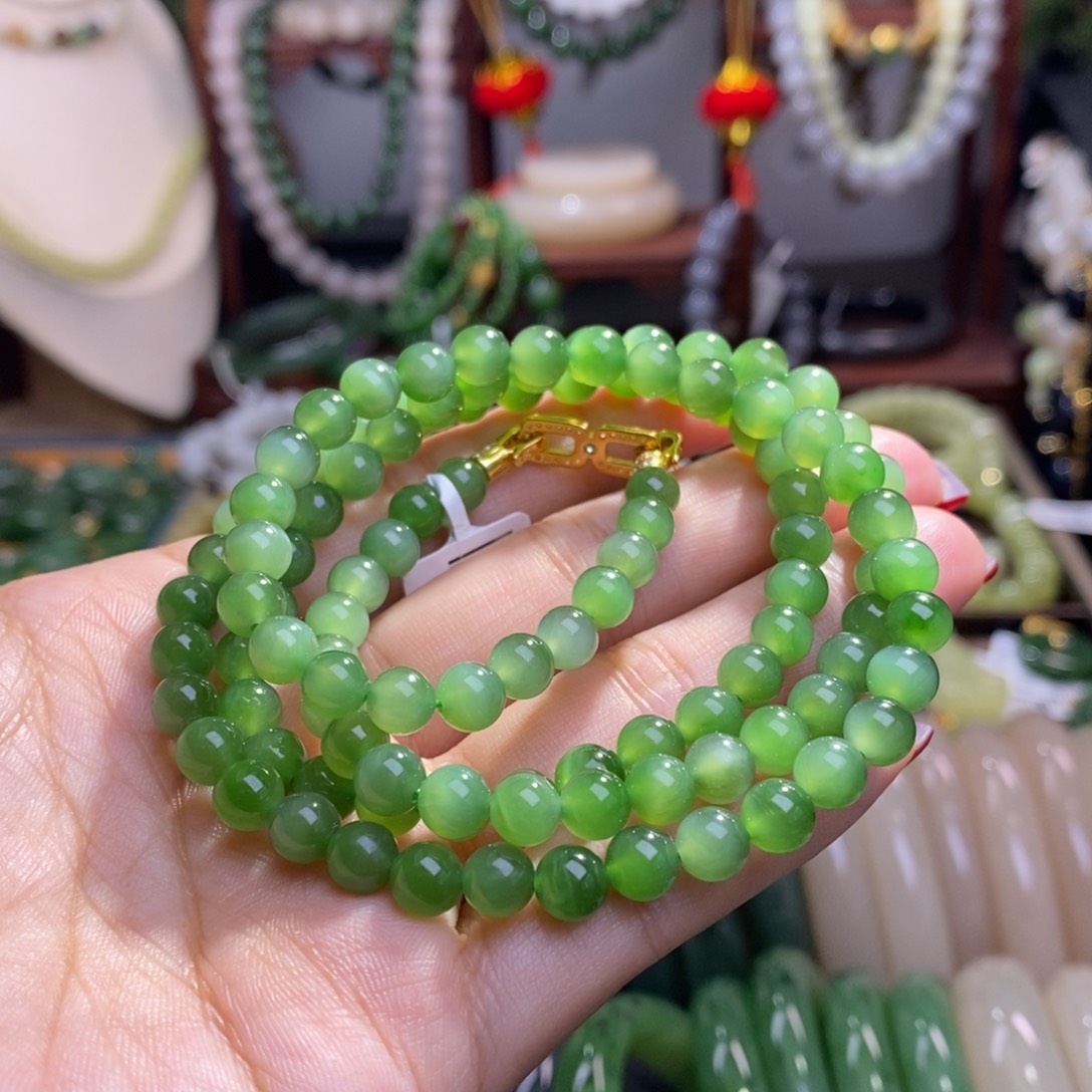 和田玉毕业级老矿料碧玉猫眼珠链6m未镶嵌