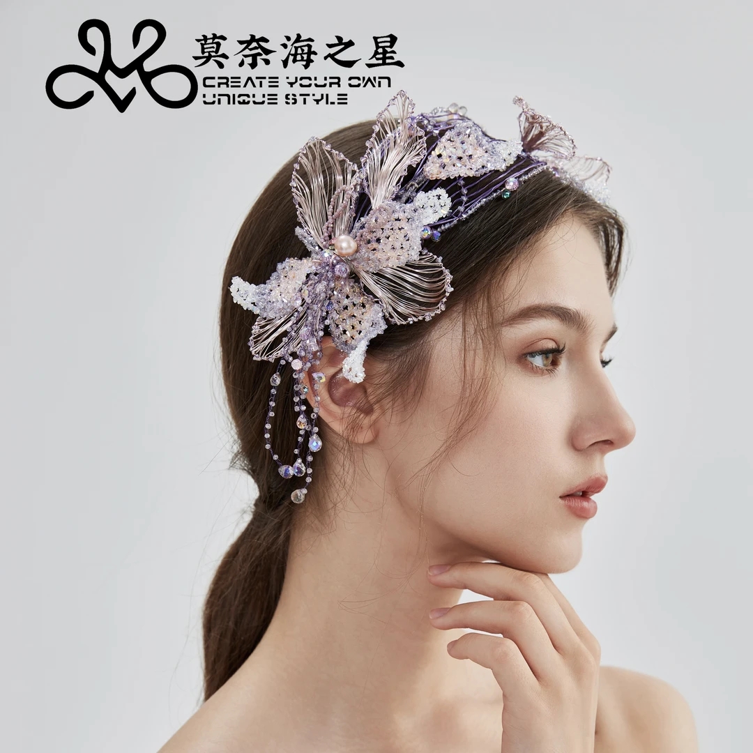 【莫奈海之星】粉紫鸢尾系列高奢发箍蝴蝶流苏高定设计气质款