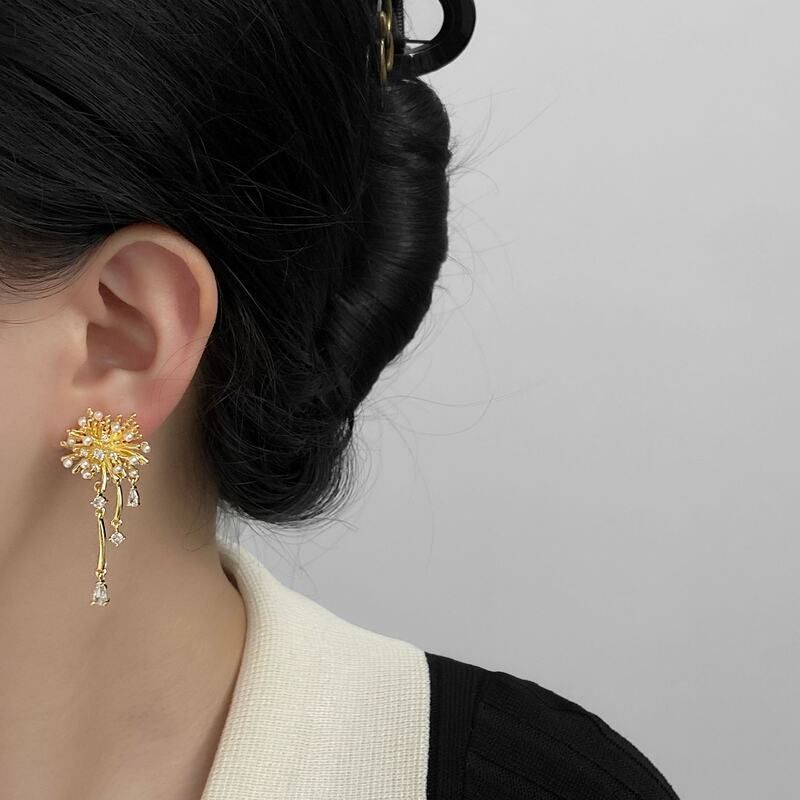 铜合金锆石耳饰 QIAN XI S925银针 法式高级感时尚复古烟花耳环