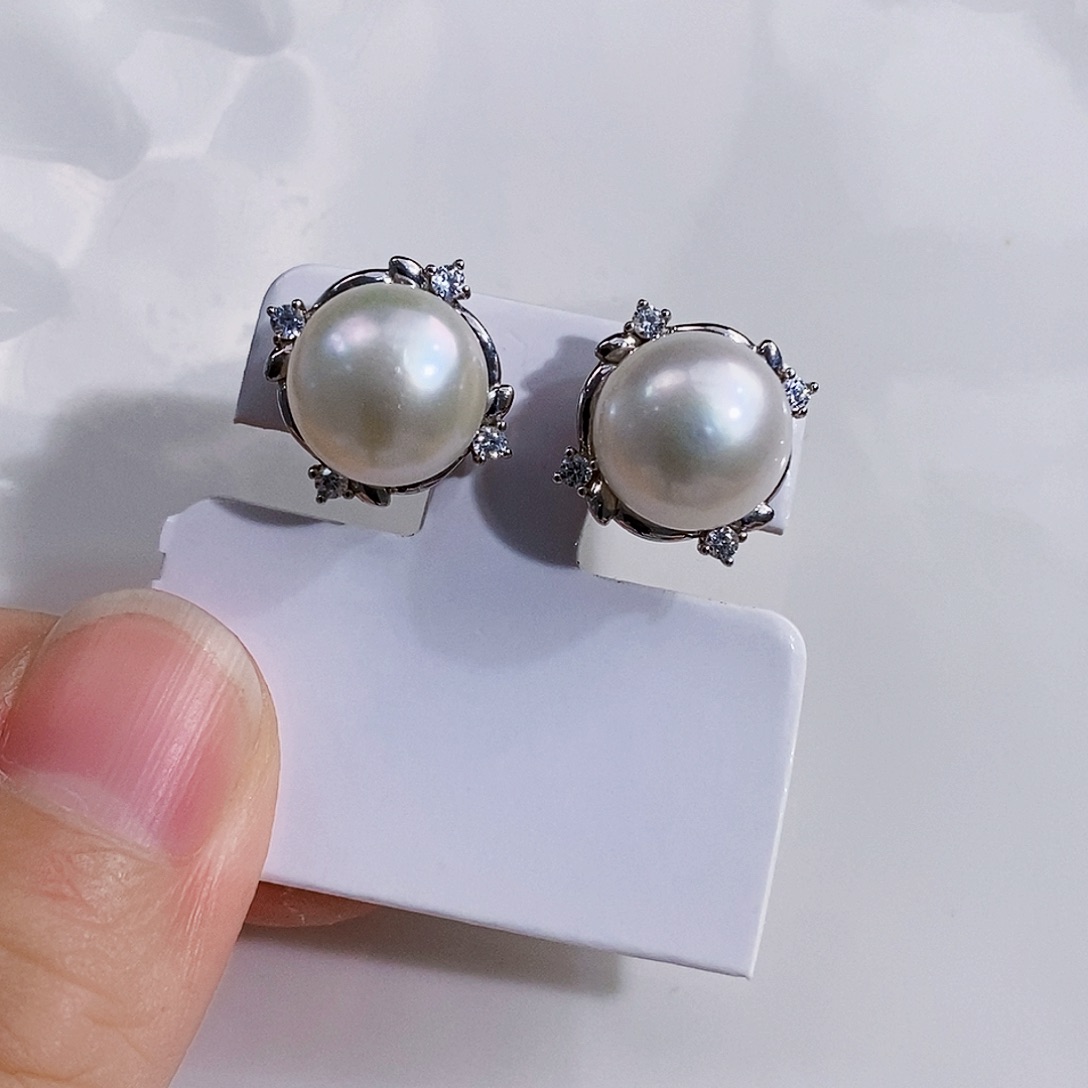 银S925镶嵌淡水珍珠特价馒头珠耳饰