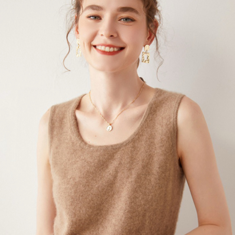 性感U型领套头100%纯山羊绒打底衫无袖背心吊带女秋冬