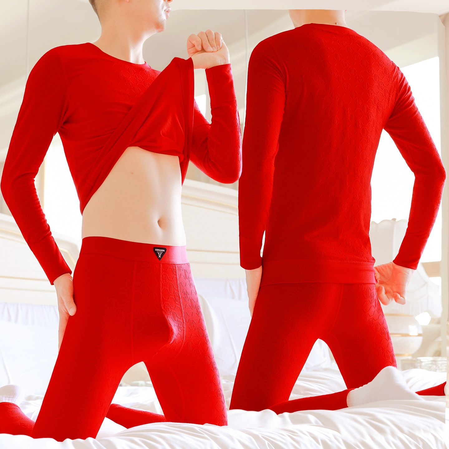 红色秋衣秋裤内衣套装男士本命年棉质打底线衣线裤大红色结婚衬裤