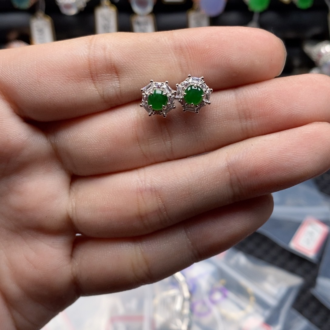 翡翠耳饰银S925镶嵌天然缅甸翡翠a货