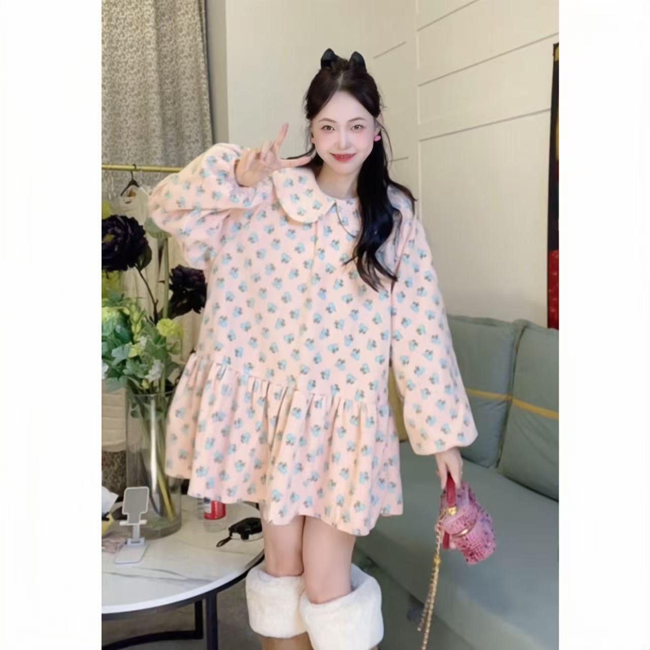 燃冉 冬季甜美娃娃领套头款长袖连衣裙韩版时尚中长款连衣裙50500