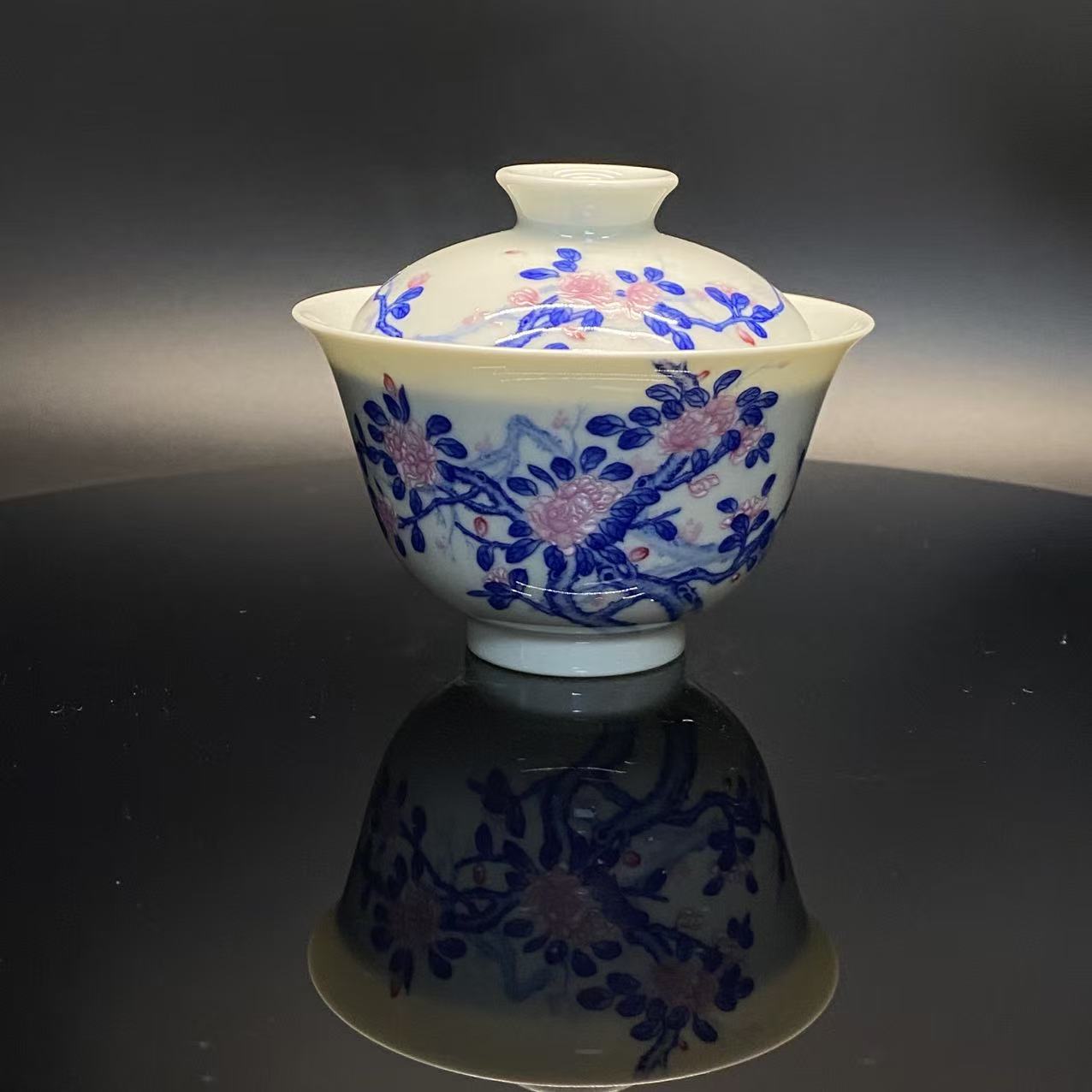 Y680  青花加彩海棠花盖碗  CJM2340056  