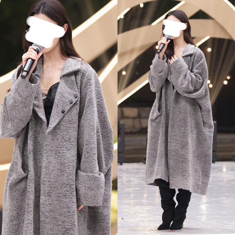 Miss Judy宋轶同款灰色长款宽松毛呢外套秋冬新款百搭呢子大衣