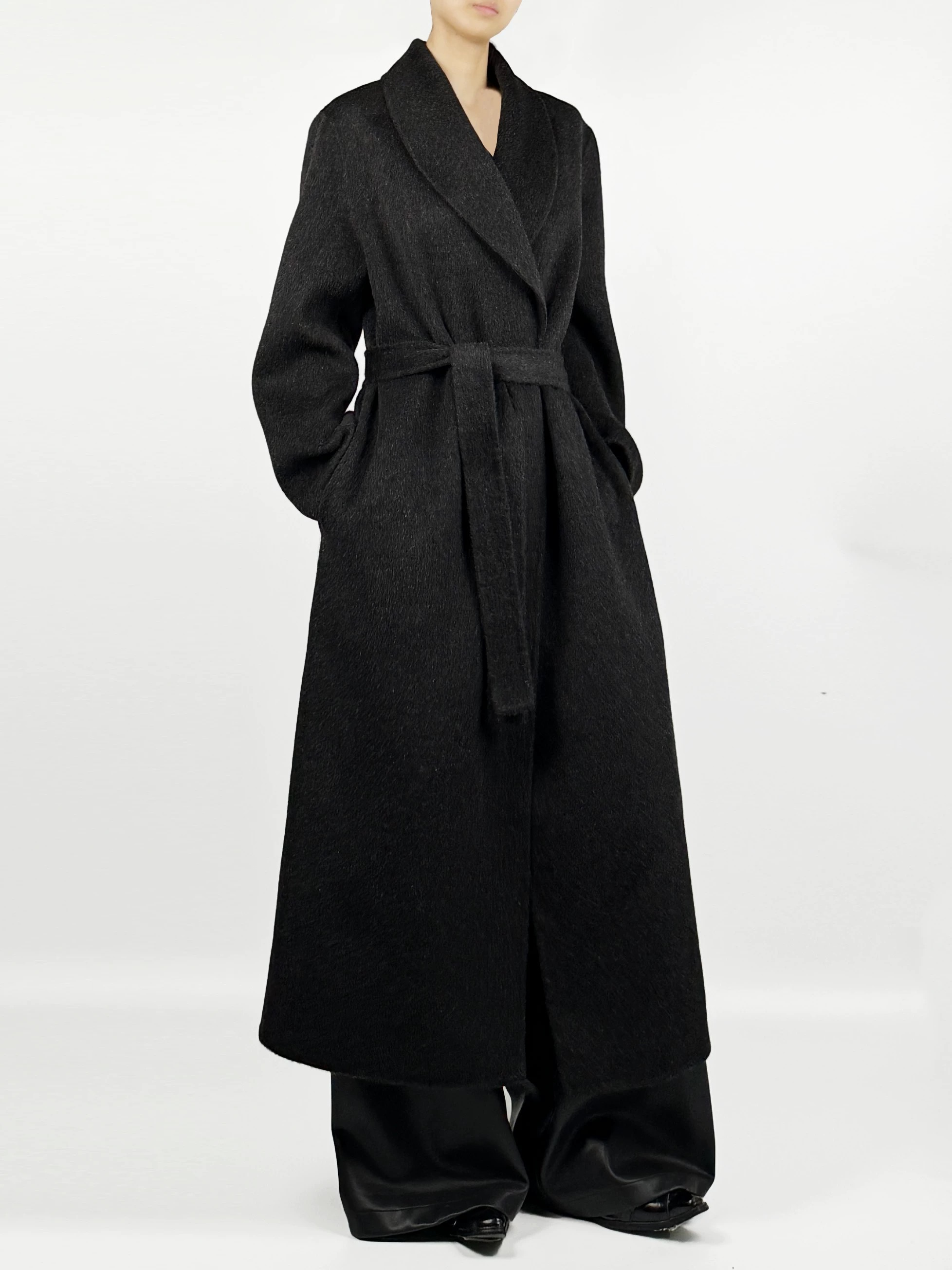 解余 JIEYU 青果领长款系带羊毛大衣