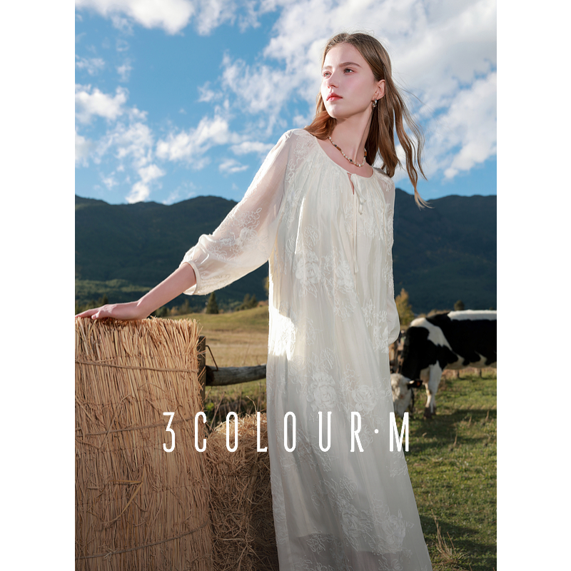 0003三彩2025春季新款莱赛尔绣花连衣裙圆领系带宽松直筒裙女dbx