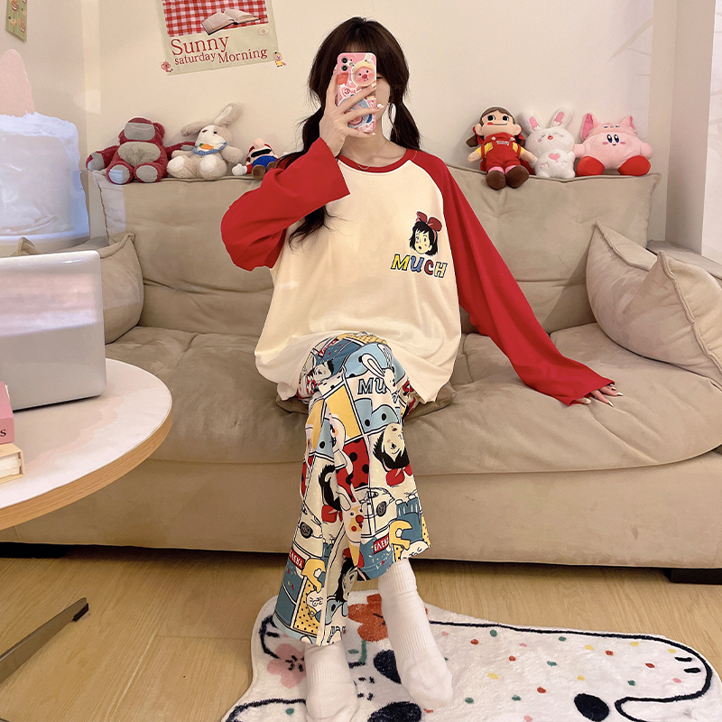 睡衣女套装棉质春秋季免穿带胸垫长袖卡通休闲女士大码宽松家居服