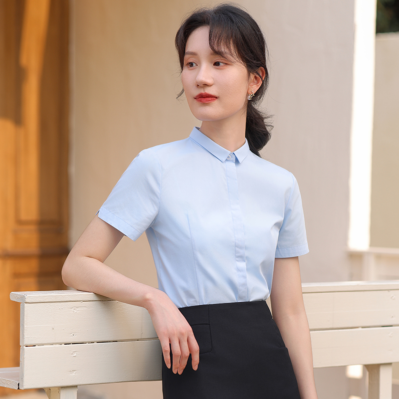 蓝色小领短袖衬衫夏季薄款工装前台工作服正装气质通勤半袖寸衬衣